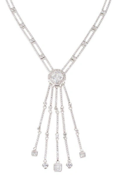 Cz By Kenneth Jay Lane Double Bar Cz Octagon Drop Necklace In Clear/silver