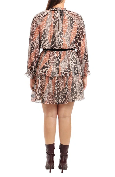 Shop Donna Morgan For Maggy Animal Print Tiered Long Sleeve Dress In Ivory Mocha