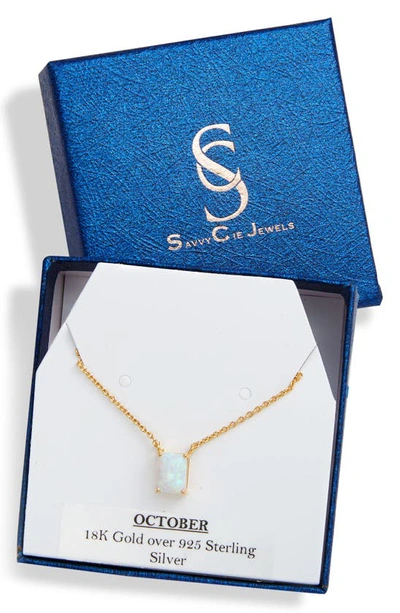 Savvy Cie Jewels Vermeil Emerald Cut Cz Birth Stone Box Cut Necklace In Opal-october