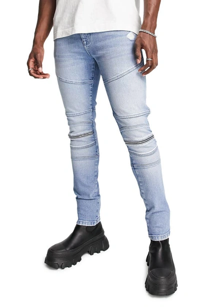 Shop Asos Design Moto Knee Zip Skinny Jeans In Mid Blue