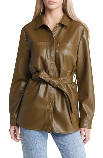 Shop Vero Moda Bella Faux Leather Shirt Jacket In Dark Olive