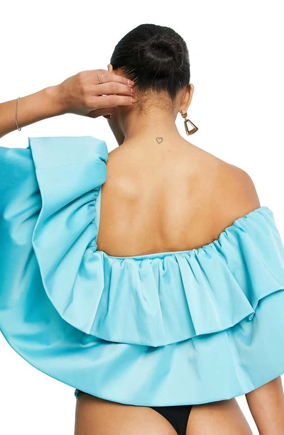 Shop Asos Design Going Out Ruffle Off The Shoulder Top In Medium Blue