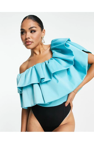 Shop Asos Design Going Out Ruffle Off The Shoulder Top In Medium Blue