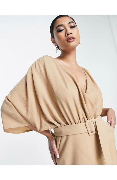 Shop Asos Design Belted Faux Wrap Dress In Camel