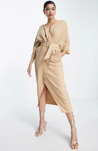 Shop Asos Design Belted Faux Wrap Dress In Camel
