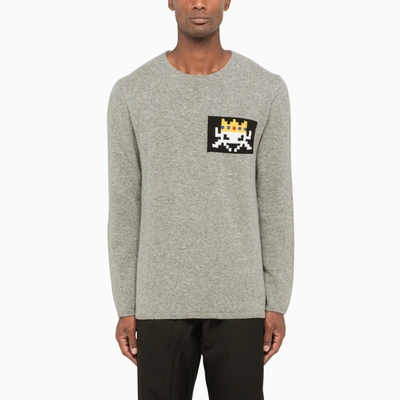 Comme Des Garçons Shirt Invader Intarsia Crewneck Long Sleeve Lambswool Knitted Sweater In Grey