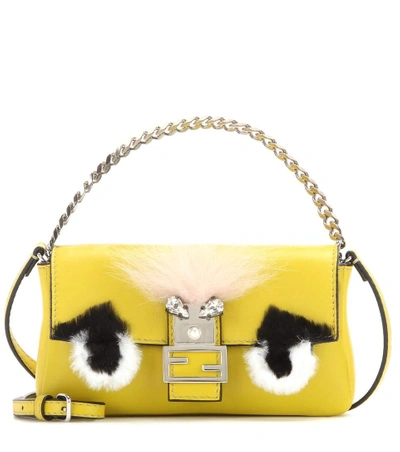 Shop Fendi Micro Baguette Fur-trimmed Leather Shoulder Bag