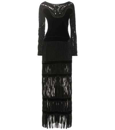 Tom Ford Fringed Lace And Velvet Gown In Llack