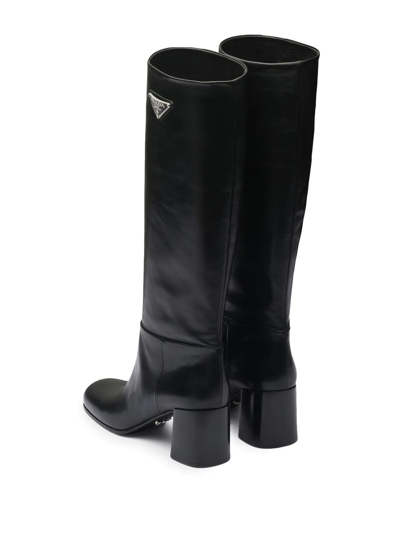 Shop Prada Logo Plaque Leather Boots In Black