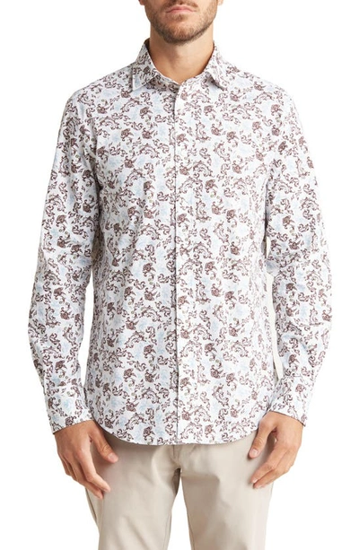Shop Thomas Dean Paisley Print Cotton Blend Button-up Shirt In White