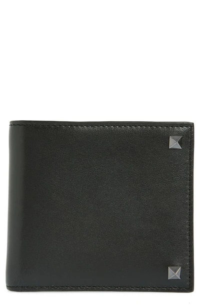 Shop Valentino Rockstud Leather Bifold Wallet In 0no - Nero