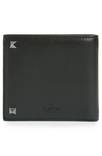 Shop Valentino Garavani Rockstud Leather Bifold Wallet In 0no - Nero