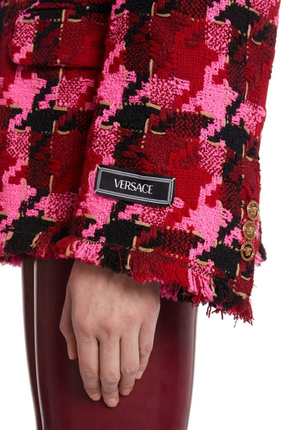 Shop Versace Macro Check Single Breasted Virgin Wool Blend Tweed Blazer In Parade Red Fuchsia