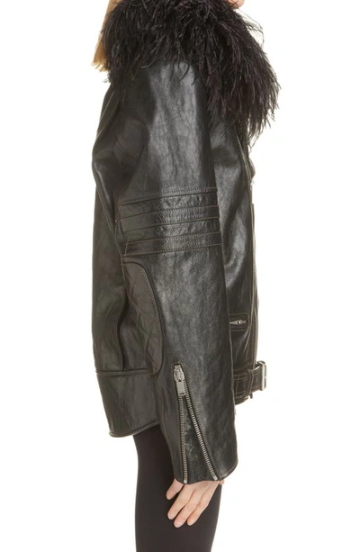 Shop Saint Laurent Leather Moto Jacket With Feather Trim In Noir/ Noir