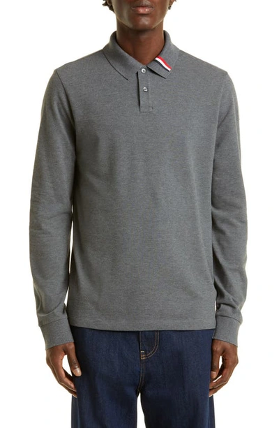 Shop Moncler Long Sleeve Cotton Piqué Polo In Grey