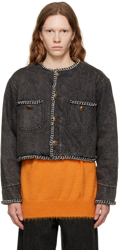 R13 Chain Embellished Crop Denim Jacket In Dusky Grey