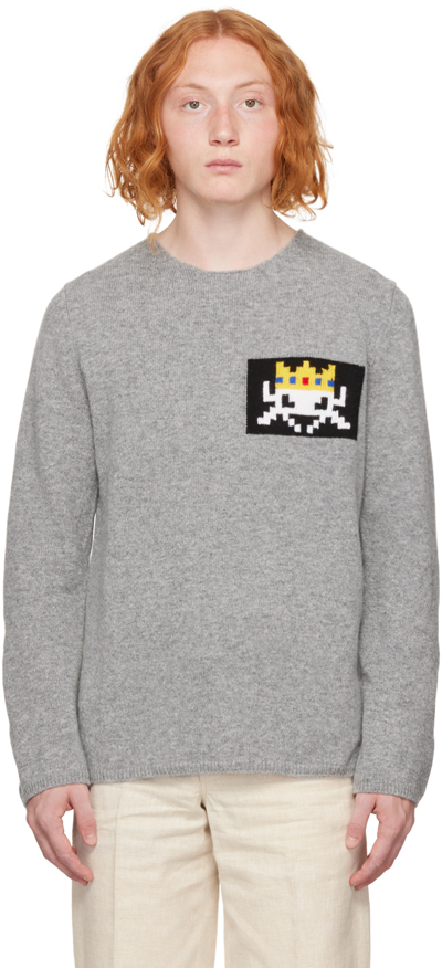 Comme Des Garçons Shirt Invader Intarsia Crewneck Long Sleeve Lambswool Knitted Sweater In Light Grey