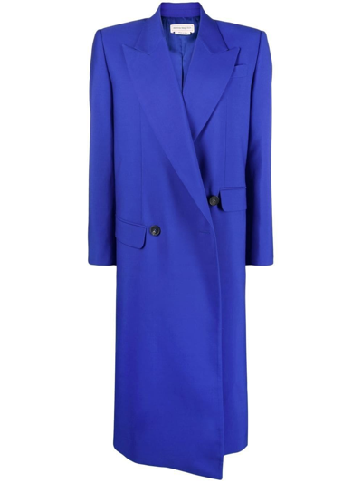 Shop Alexander Mcqueen Blue Double-breasted Asymmetric Wool Coat