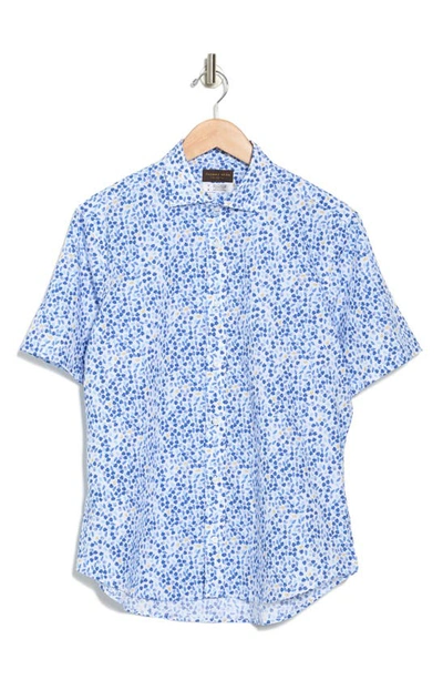 Shop Thomas Dean Leaf Print Short Sleeve Button-up Shirt In Blue