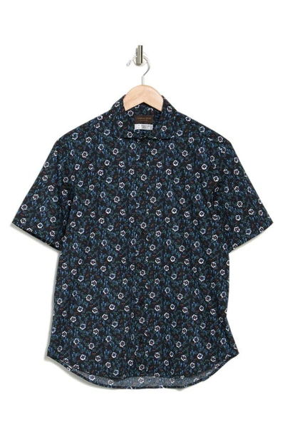 Shop Thomas Dean Floral Print Short Sleeve Button-up Shirt In Navy