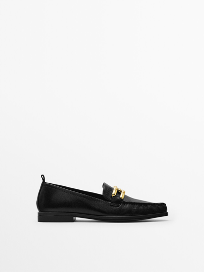 Shop Massimo Dutti Crackled Leather Loafers With Buckle In Black