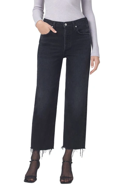 Shop Citizens Of Humanity Florence High Waist Raw Hem Ankle Wide Straight Leg Jeans In Stormy Dk Bla