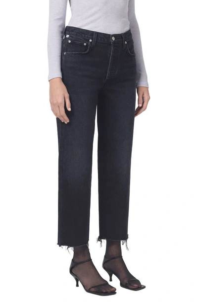 Shop Citizens Of Humanity Florence High Waist Raw Hem Ankle Wide Straight Leg Jeans In Stormy Dk Bla