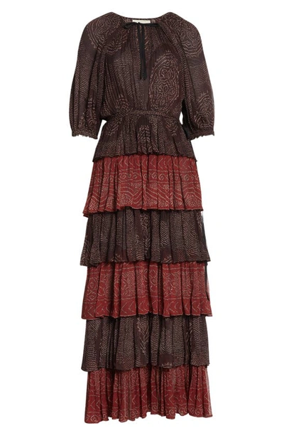 Shop Ulla Johnson Emi Mixed Print Tiered Silk Dress In Garnet