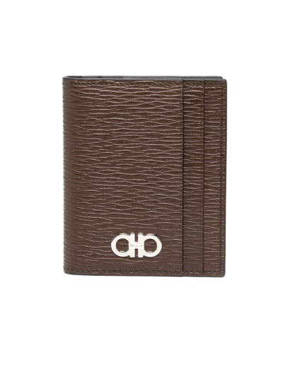 Shop Ferragamo Walnut Brown/black Bi-fold Leather Card Holder In Marrone