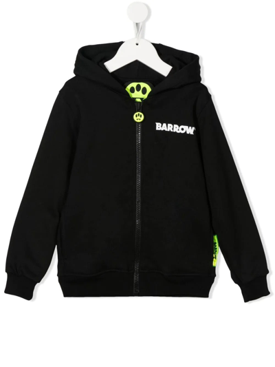 Shop Barrow Kids Black Zipped Hoodie With Front And Back Logo Print In Nero