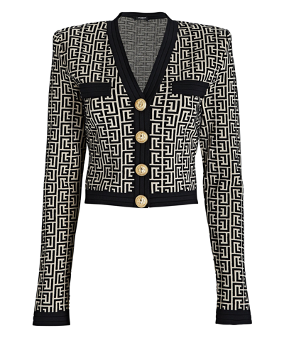 Balmain Monogram Jacquard Crop Wool Blend Cardigan In Blk/wht