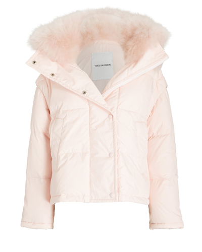 Shop Yves Salomon Cashmere-trim Hooded Down Jacket In Pink