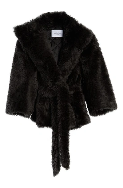Shop Balenciaga Teddy Sleeve Faux Fur Belted Coat In Black