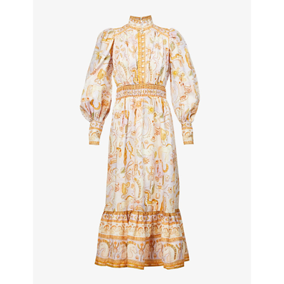 Shop Alemais Solitaire Graphic-print Stand-collar Woven Midi Dress In Watercolour