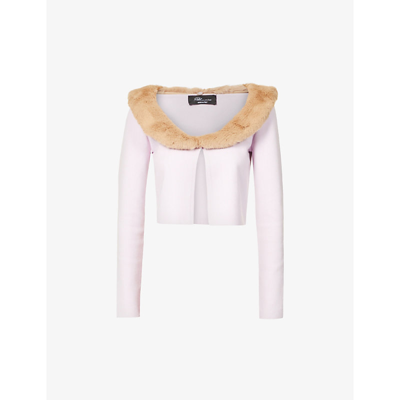 Shop Blumarine Faux Fur-trim Slim-fit Woven Knitted Cardigan In Pink