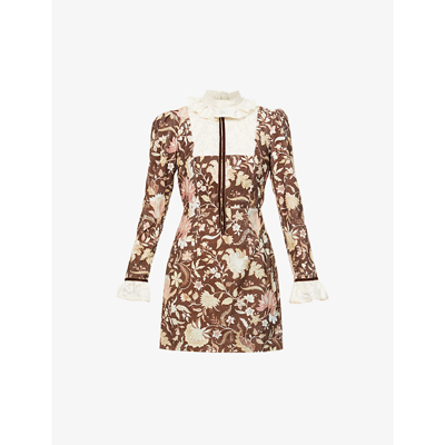 Shop Alemais Lucianna Floral-print Slim-fit Cotton Mini Dress In Chocolate