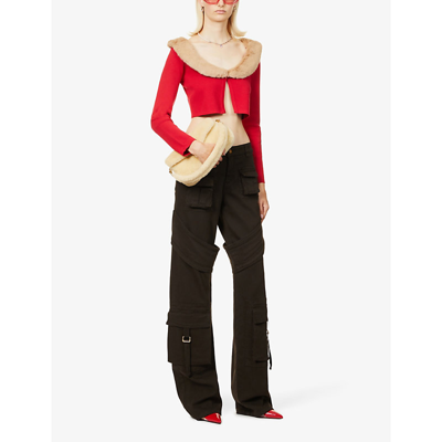 Shop Blumarine Faux Fur-trim Slim-fit Woven Knitted Cardigan In Rouge Noir