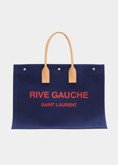 Shop Saint Laurent Men's Rive Gauche Large Canvas Tote Bag In Ink Red