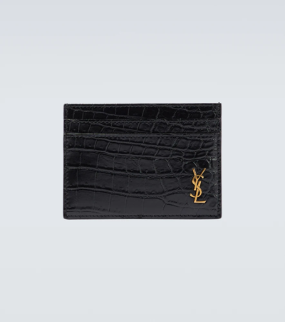Shop Saint Laurent Croc-effect Leather Card Holder In Black