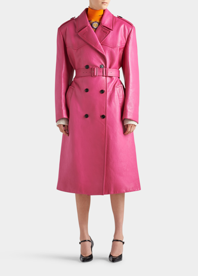 Shop Prada Leather Double-breasted Trench Coat In F0029 Fuxia