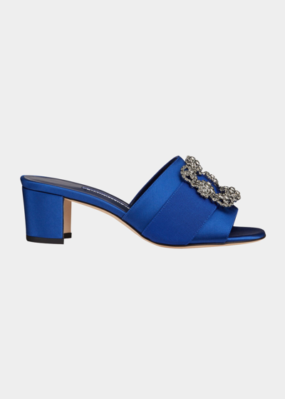 Shop Manolo Blahnik Martanew Satin Crystal-buckle Mule Sandals In Blue