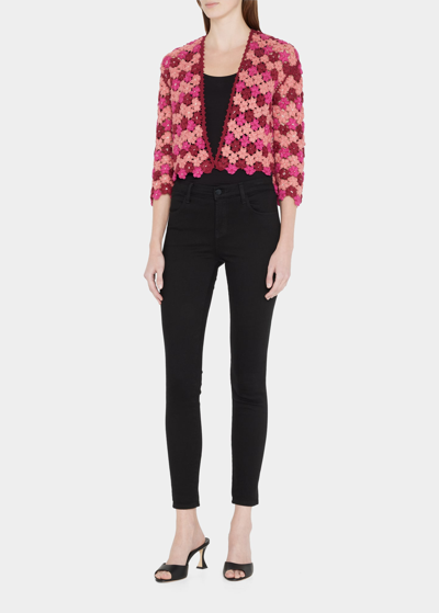 Shop Alice And Olivia Anderson Cropped Floral Crochet Cardigan In Multi