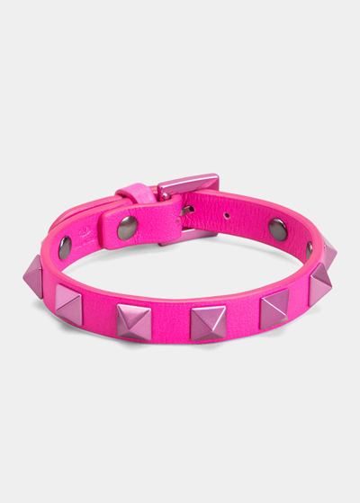 Shop Valentino Men's Studded Leather Bracelet In Powder Pink