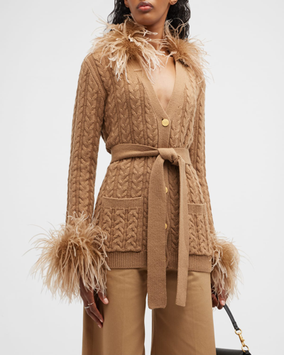 Shop Valentino Feather-trim Belted Cable-knit Cardigan In Camel