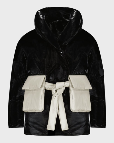 Shop Scotch Bonnet Outerwear Girl's Down Coat W/ 3d Pockets In Black/white