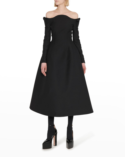 Shop Valentino Bow Off-the-shoulder Crepe Midi Dress In Black