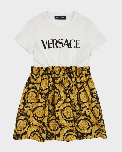 Shop Versace Girl's Barocco Logo-print Combo Dress In Bianco/nero
