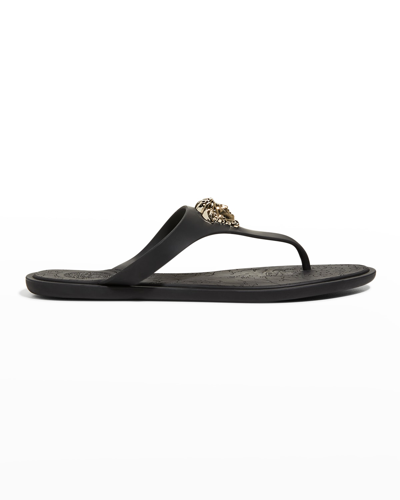 Shop Versace La Medusa Flat Sandals In Black/gold