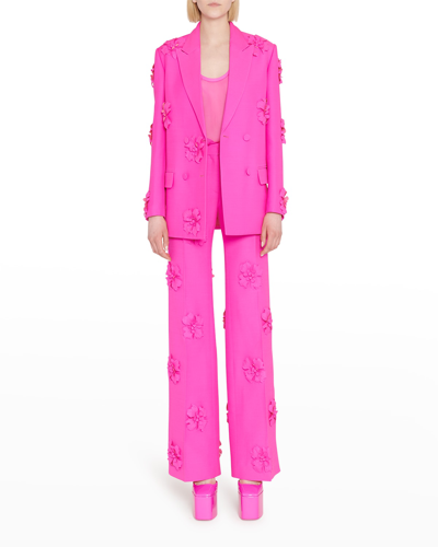 Shop Valentino Flower Applique Wide-leg Crepe Trousers In Pink