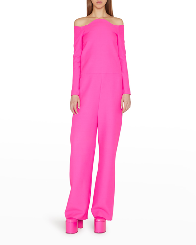 Shop Valentino Off-the-shoulder Wide-leg Crepe Jumpsuit In Pink